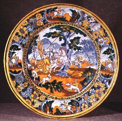 Nevers dish depicting a hunting scene adapted from two prints by Antonio Tempesta, c.1660 by French School